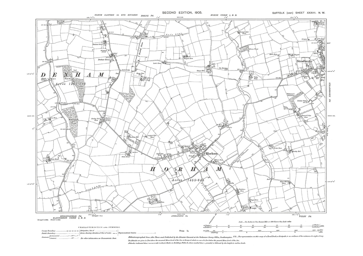 Horham, Stradbroke (west), Denham Green, old map Suffolk 1905: 37NW
