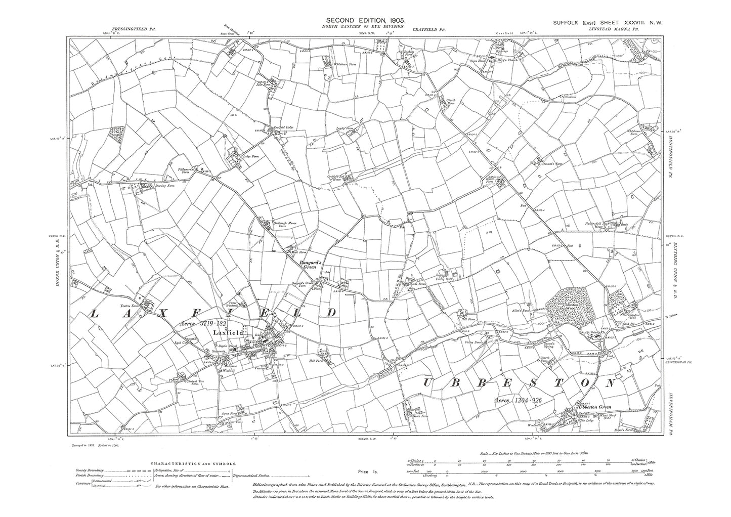 Laxfield, Banyard's Green, Ubbeston Green, old map Suffolk 1905: 38NW