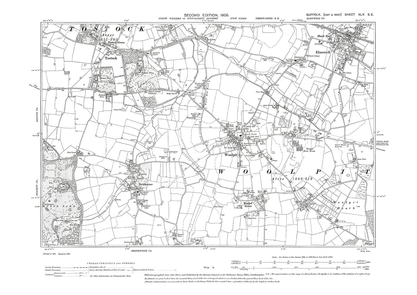 Woolpit, Elmswell, Tostock, Drinkstone, old map Suffolk 1905: 45SE