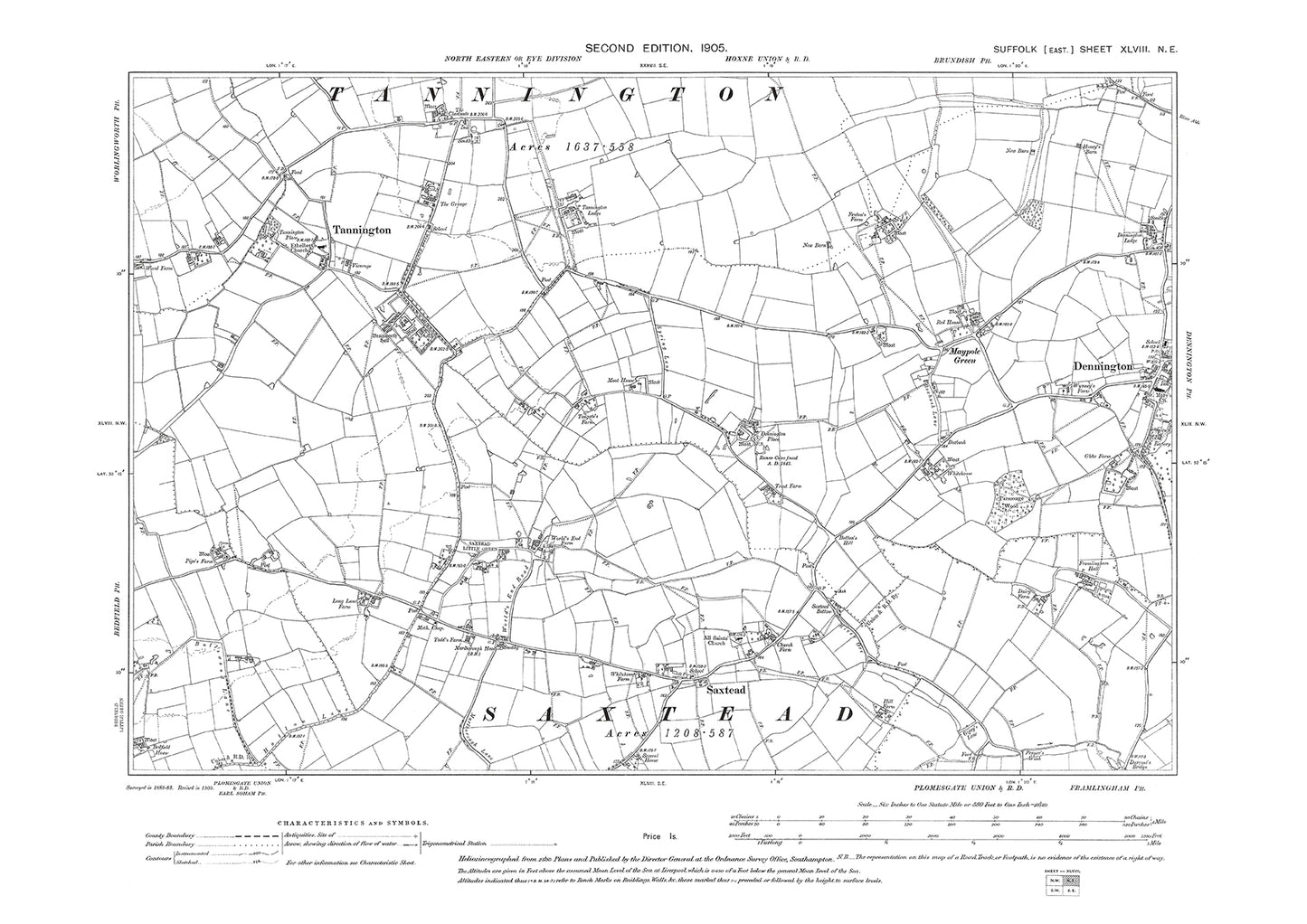 Dennington (west), Saxtead, Tannington, old map Suffolk 1905: 48NE