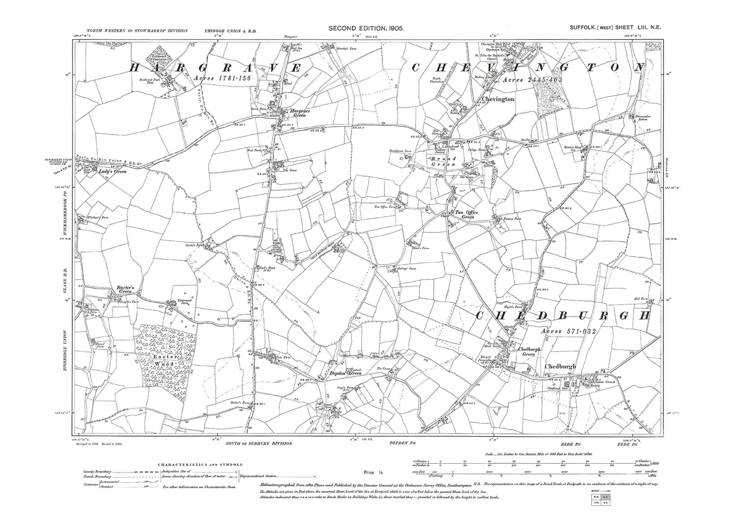 Chedburgh, Chevington, Hargrave Green, old map Suffolk 1905: 53NE