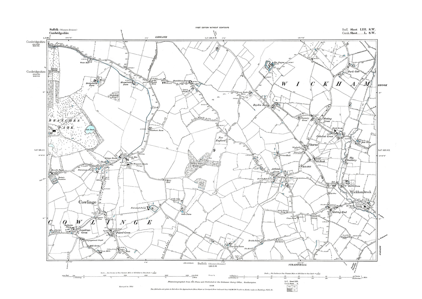 Cowlinge, Wickhambrook, Meeting Green, Attleton Green, old map Suffolk 1883: 53SW