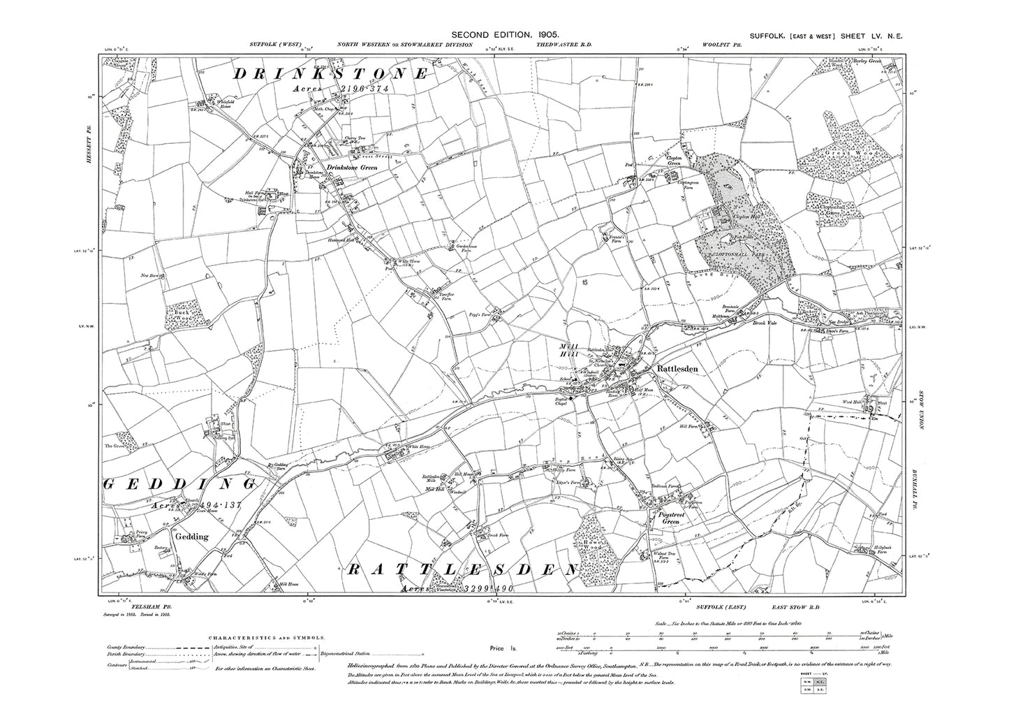 Rendham, Rattlesden, Gedding, Poystreet Green, Drinkstone Green, old map Suffolk 1905: 55NE