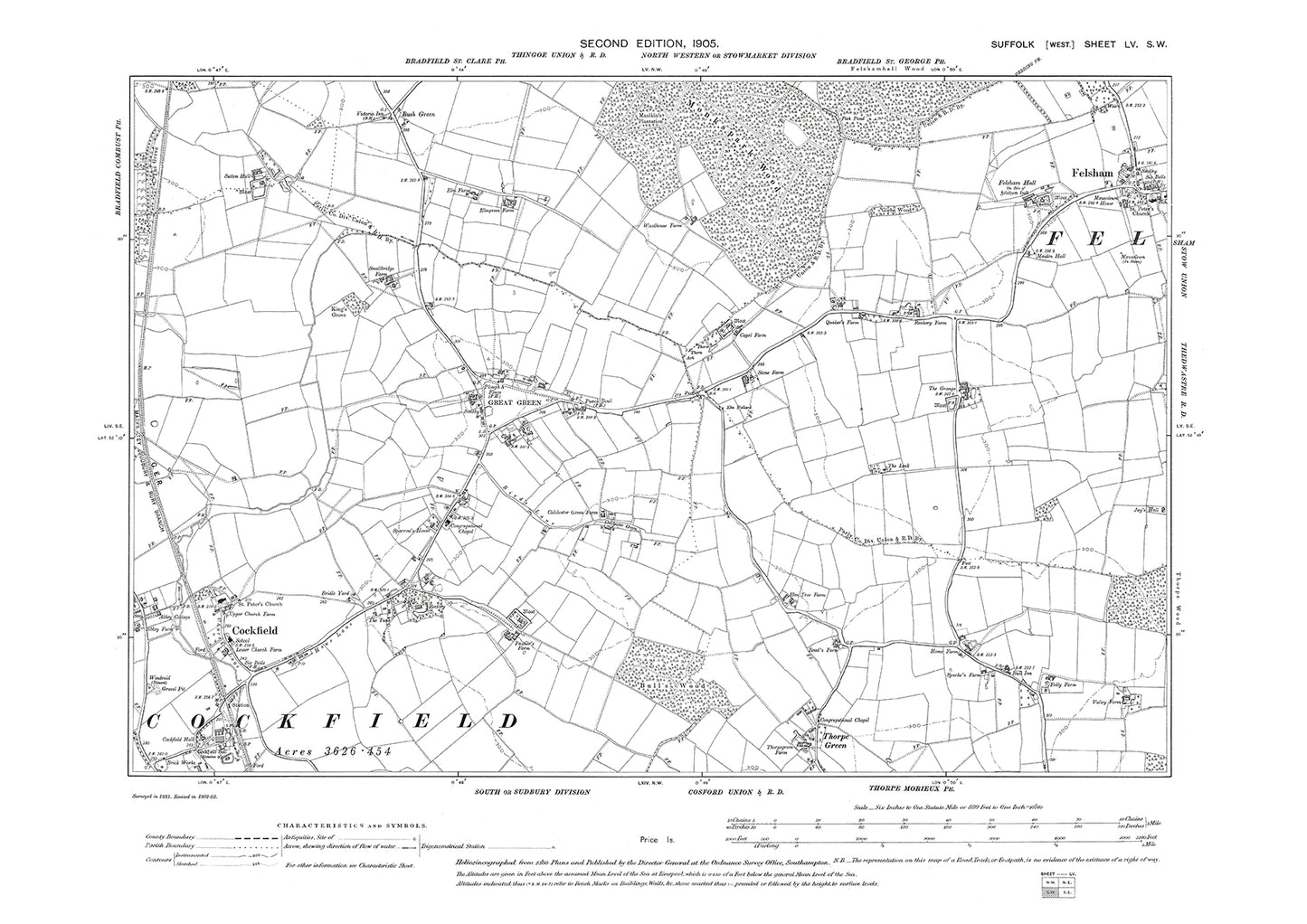 Cockfield, Felsham, Great Green, Thorpe Green, old map Suffolk 1905: 55SW