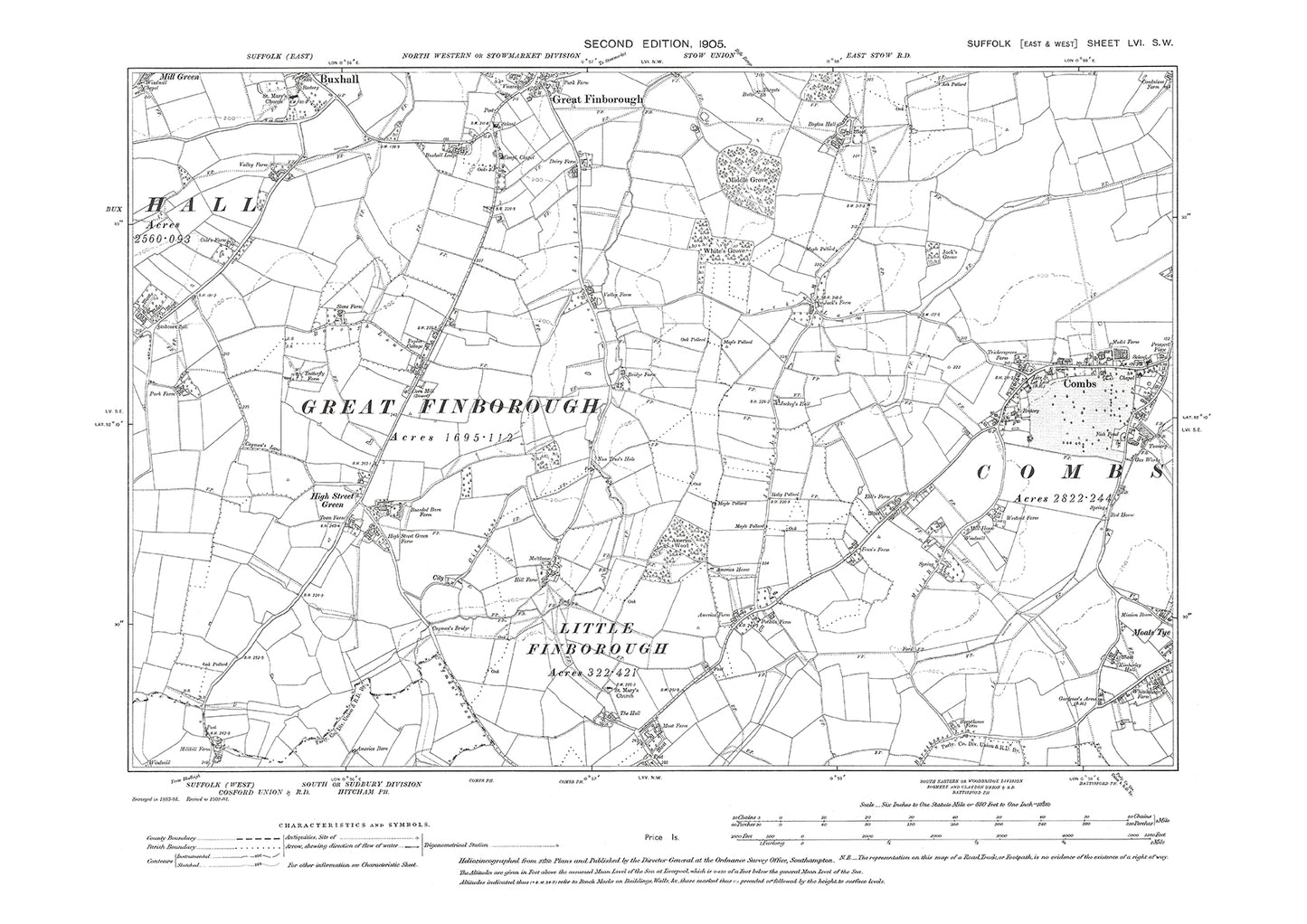 Combs, Great Finborough (south), High Street Green, old map Suffolk 1905: 56SW