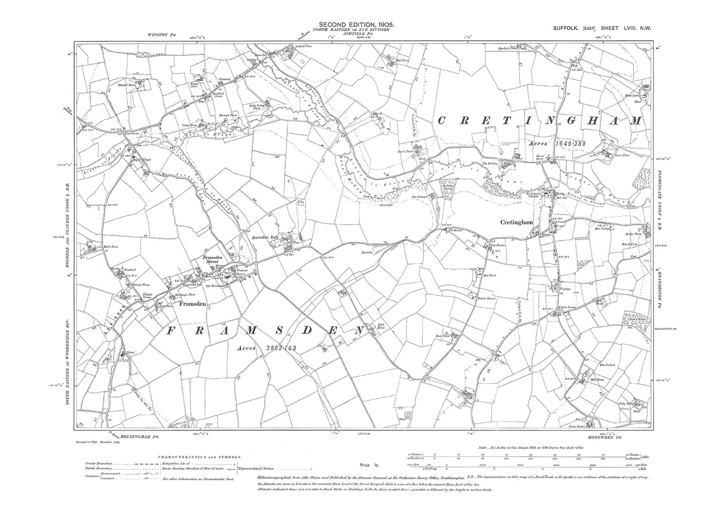 Cretingham, Framsden, old map Suffolk 1905: 58NW