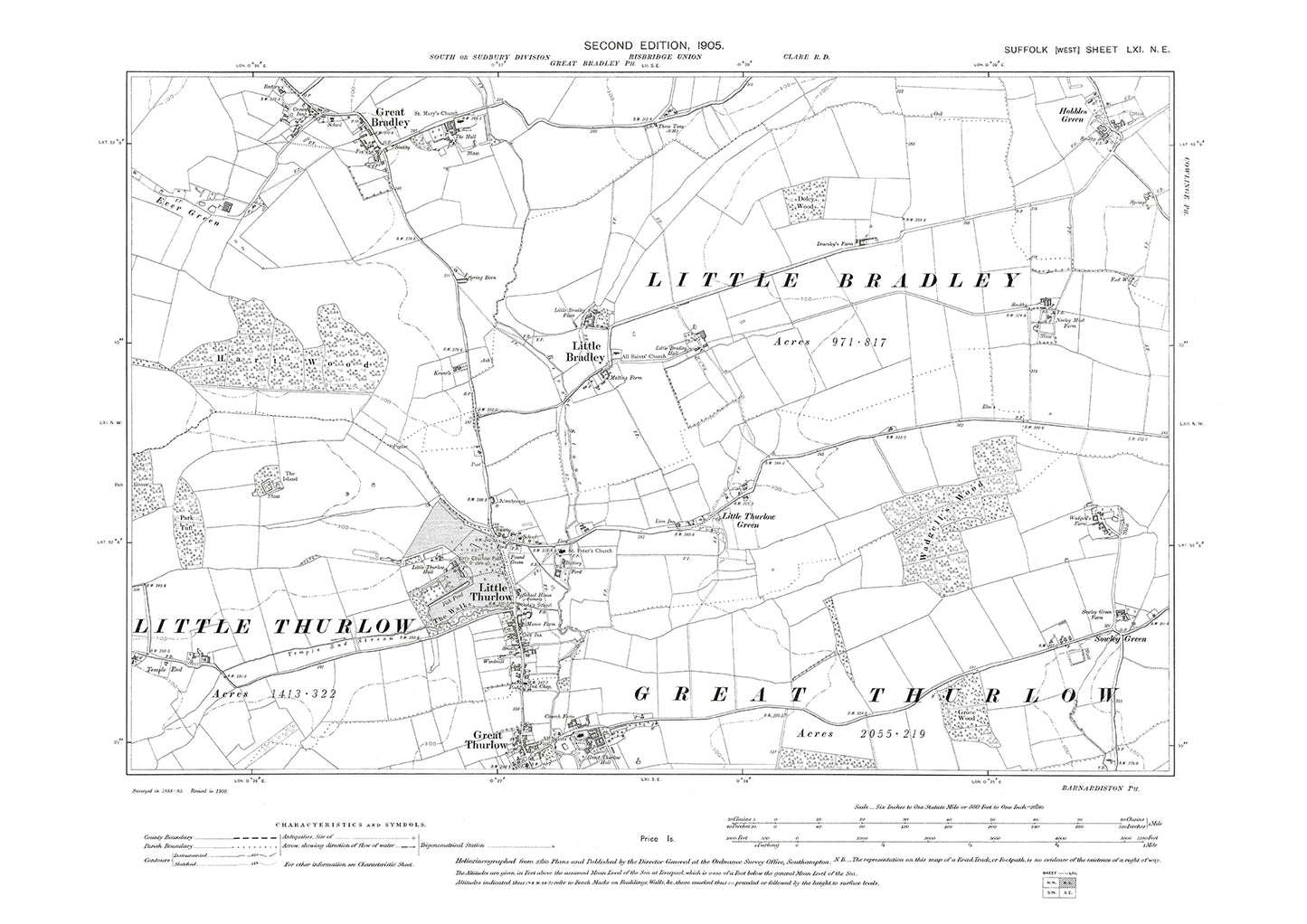 Great & Little Bradley, Great & Little Thurlow, old map Suffolk 1905: 61NE