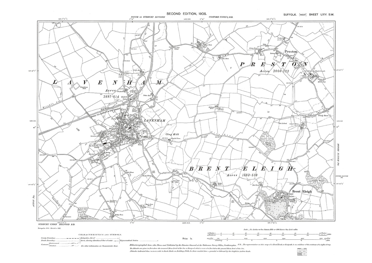 Lavenham, Brent Eleigh, Preston, old map Suffolk 1905: 64SW