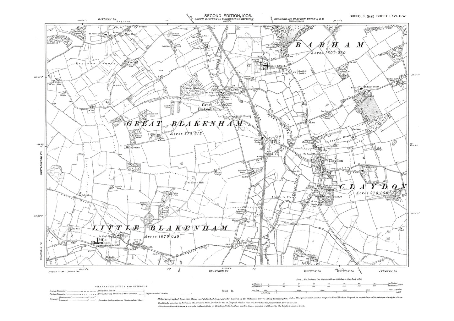 Claydon, Great & Little Blakenham, old map Suffolk 1905: 66SW