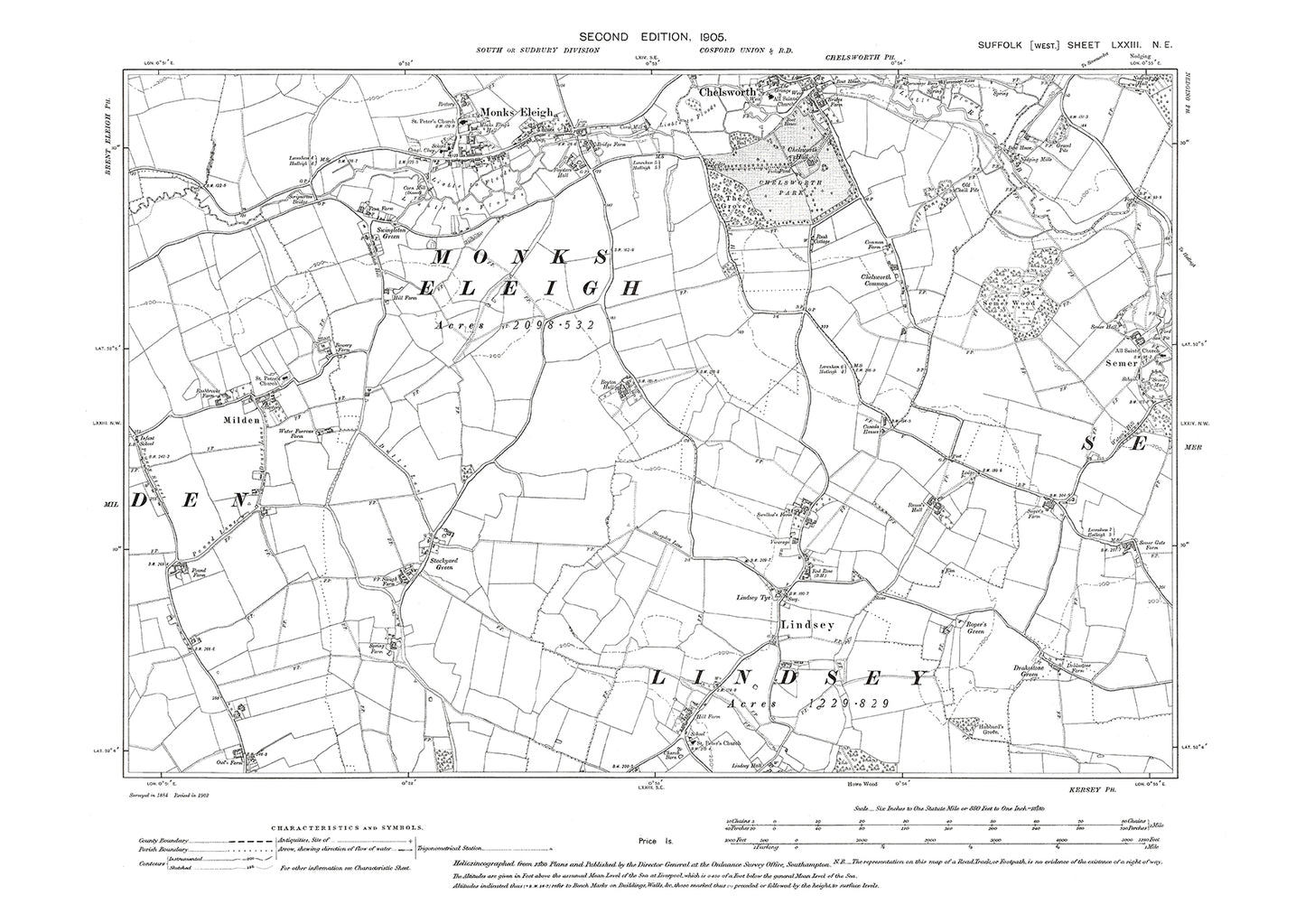 Monks Eleigh, Chelsworth, Lindsey, Milden, old map Suffolk 1905: 73NE