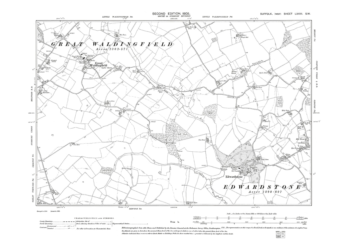 Great Waldingfield, Edwardstone, old map Suffolk 1905: 73SW