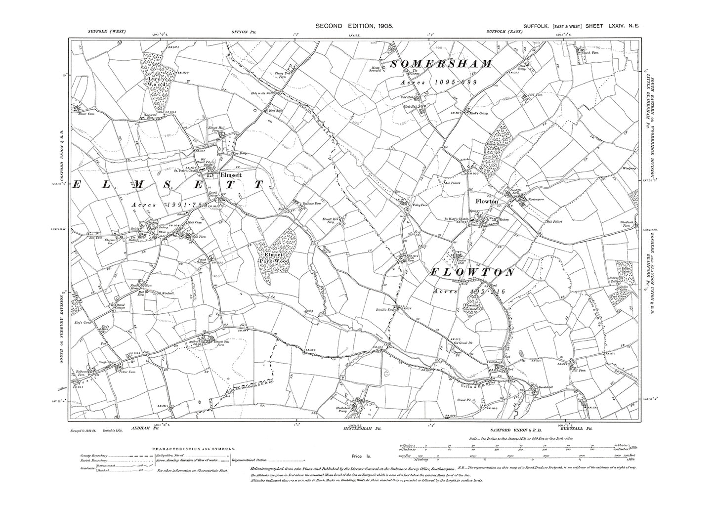 Elmsett, Flowton, old map Suffolk 1905: 74NE