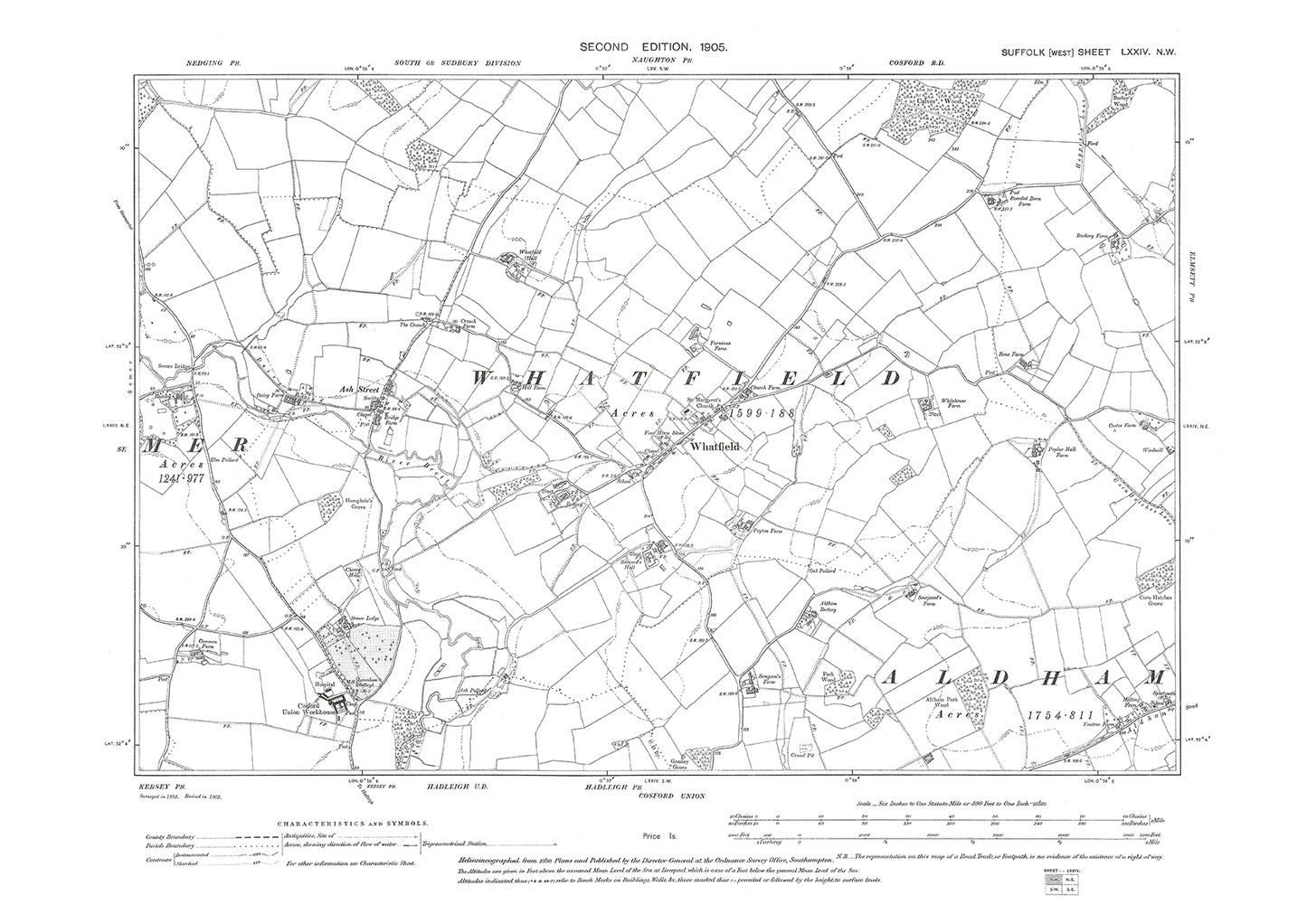 Whatfield, Ash Street, Cosford Workhouse, old map Suffolk 1905: 74NW