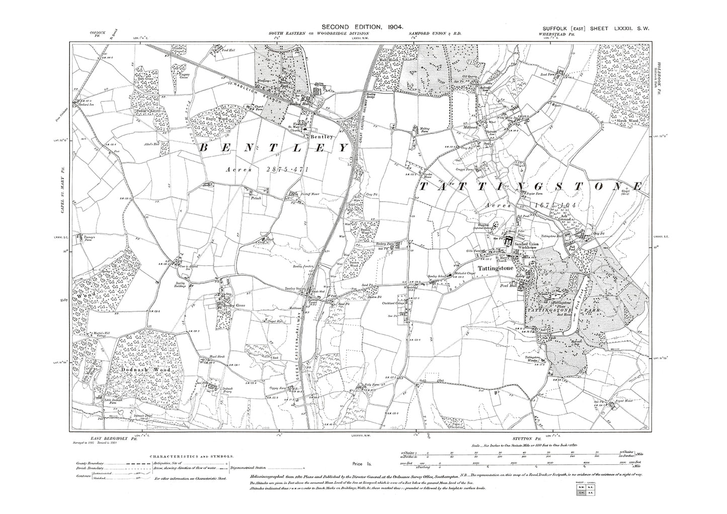 Tattingstone, Bentley, old map Suffolk 1904: 82SW