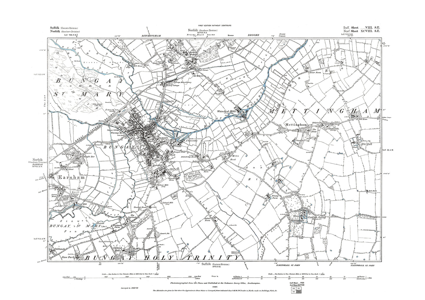 Bungay, Mettingham, old map Suffolk 1884: 8SE