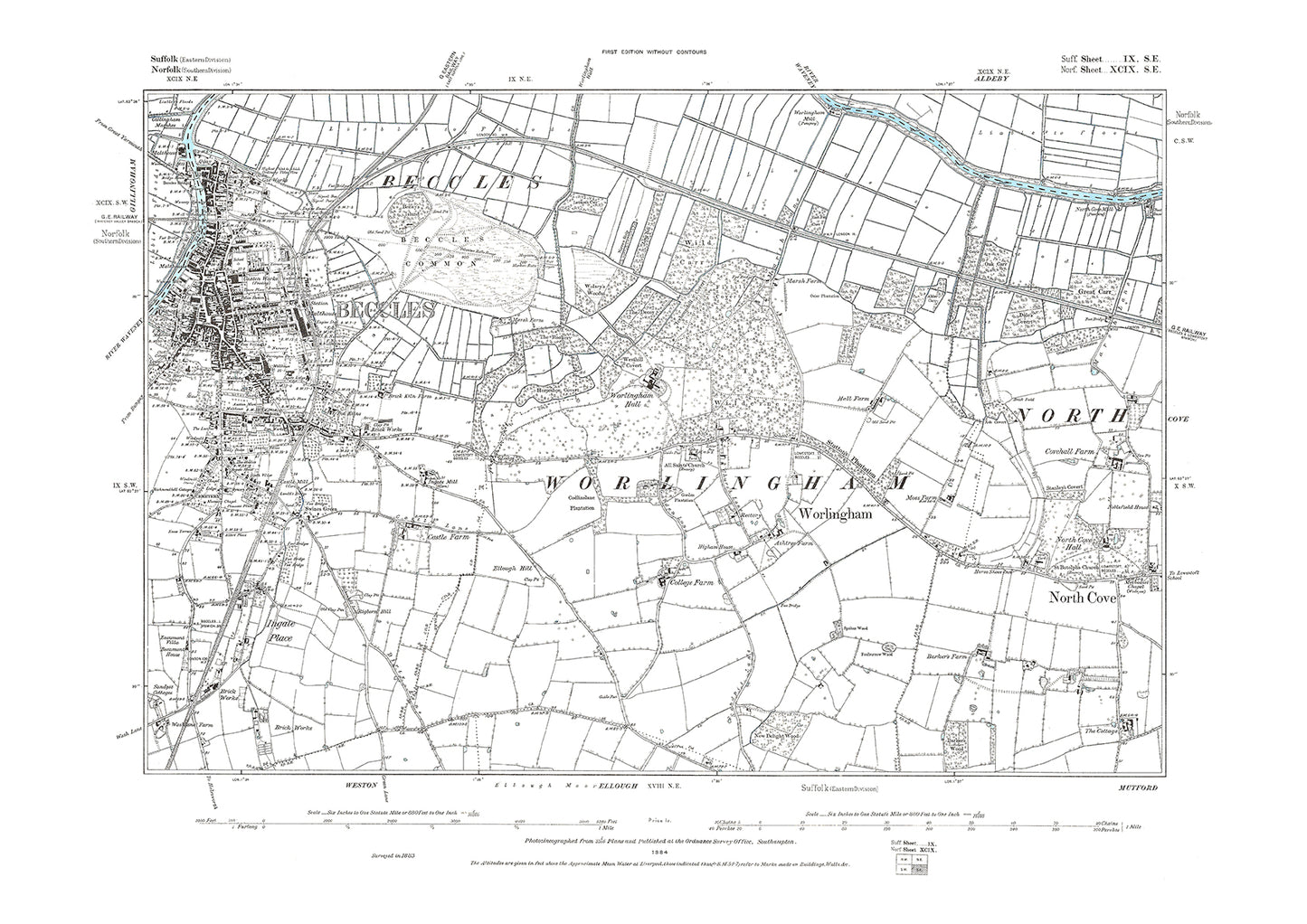 Beccles, Worlingham, North Cove, old map Suffolk 1884: 9SE