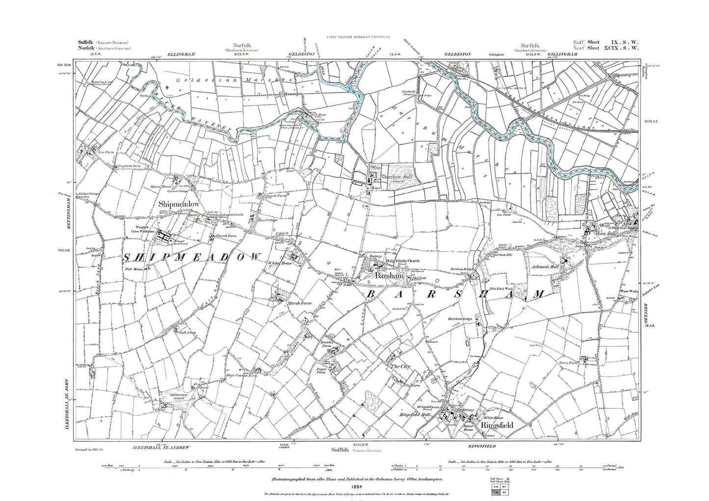 Barsham, Shipmeadow, Ringsfield, old map Suffolk 1884: 9SW