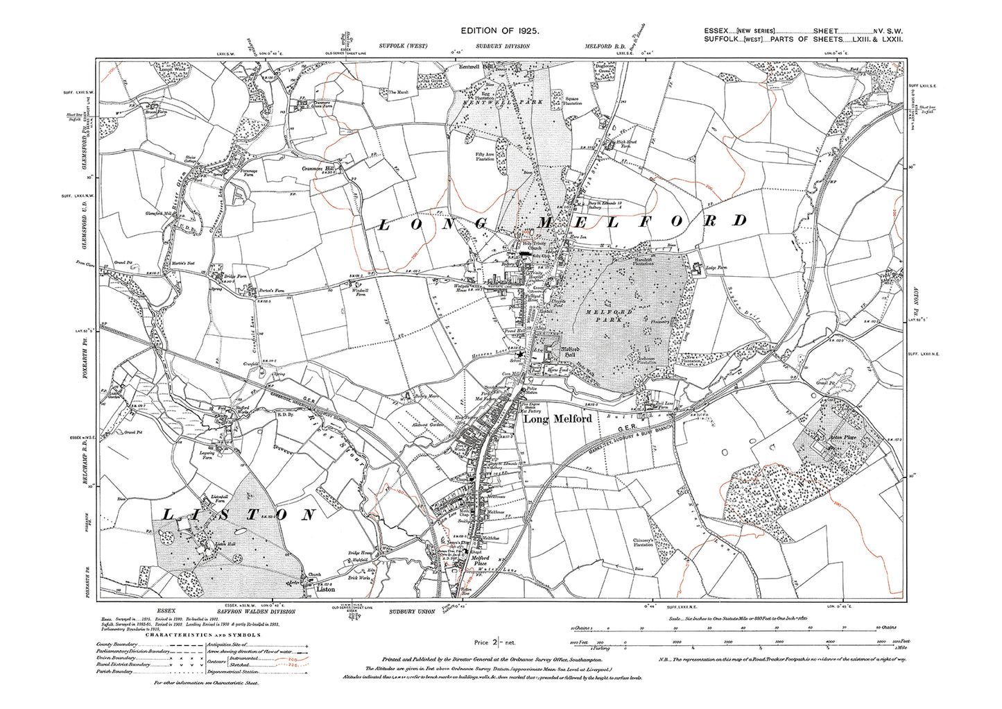 Long Melford, old map Suffolk 1925: pts 63-72