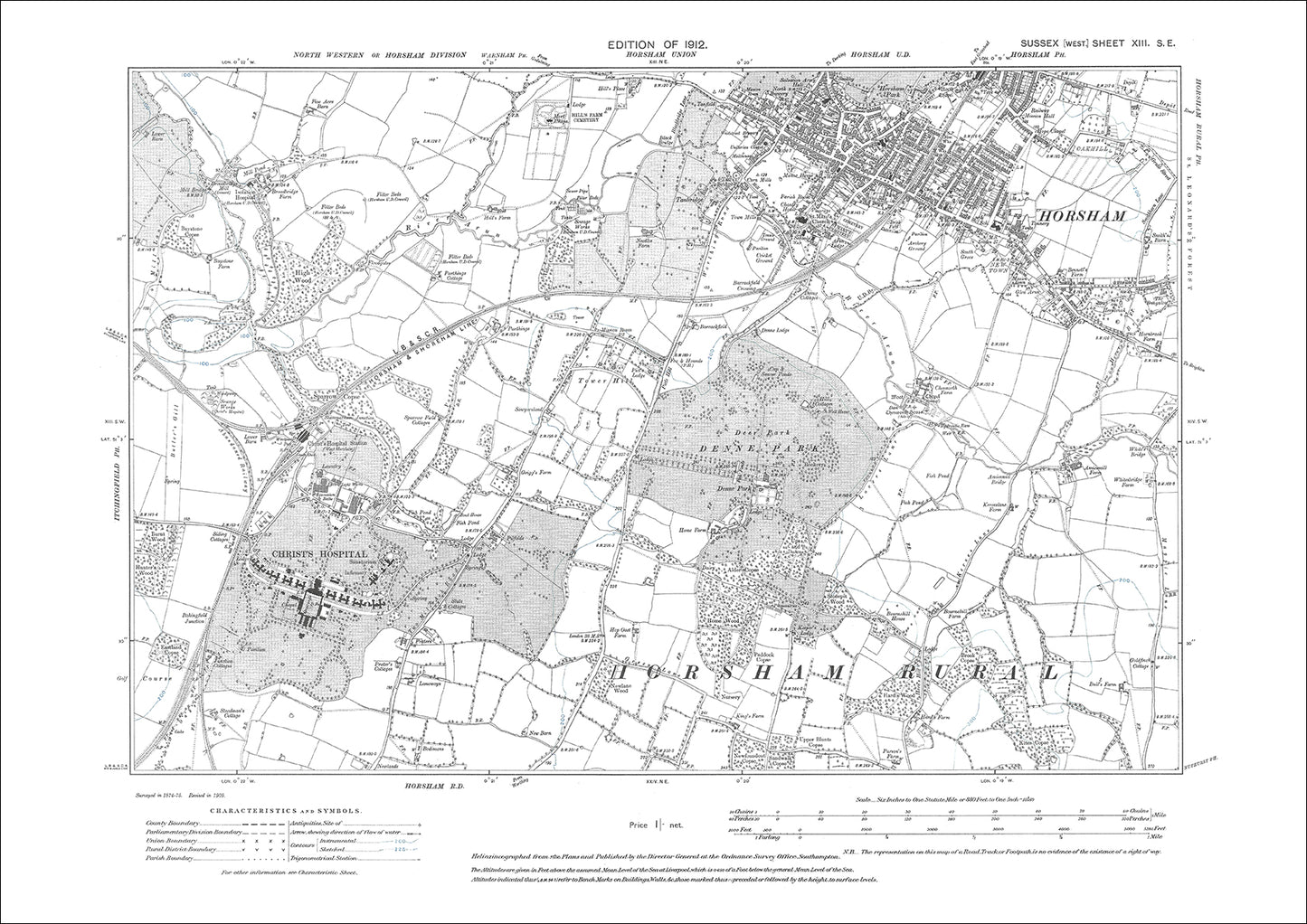 Horsham (south), Christ's Hospital, old map Sussex 1912: 13SE