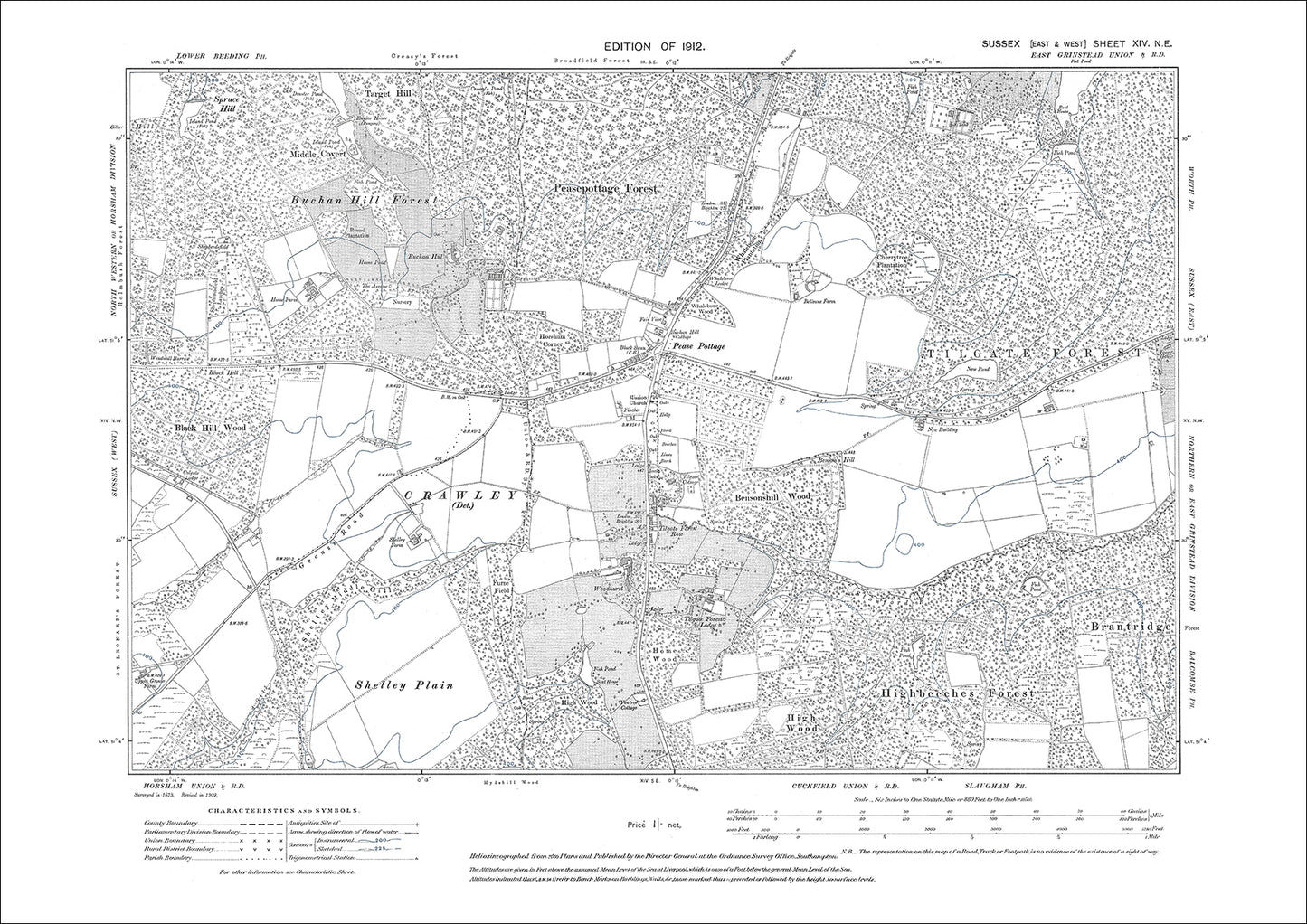 Pease Pottage, Tilgate Forest Row, old map Sussex 1912: 14NE