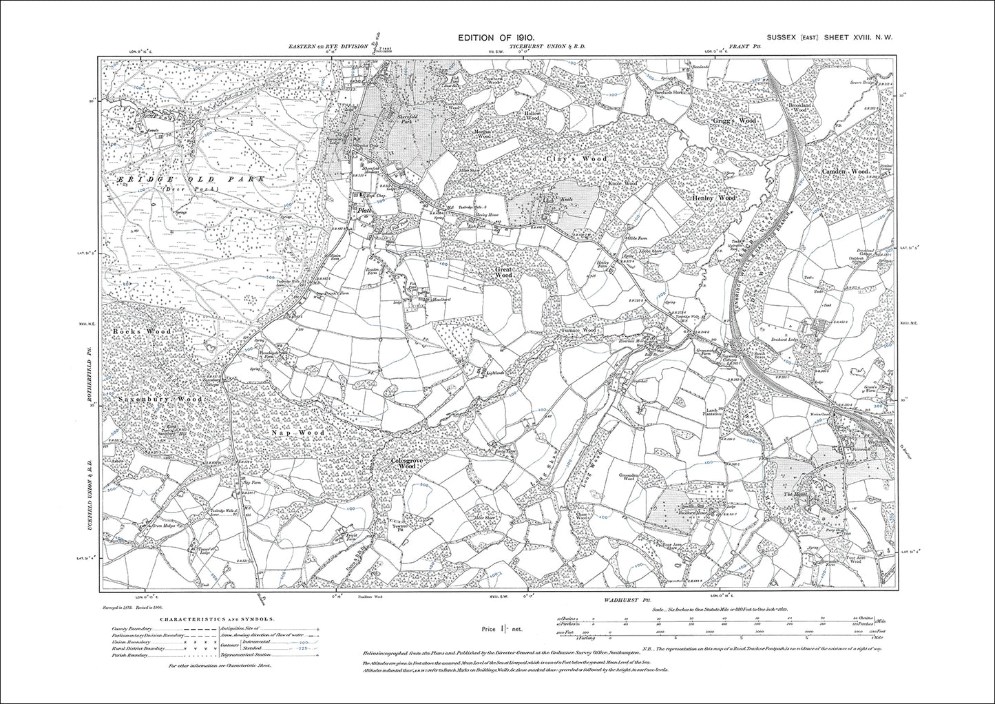 Wadhurst (west), Frant (south), Platt, old map Sussex 1910: 18NW