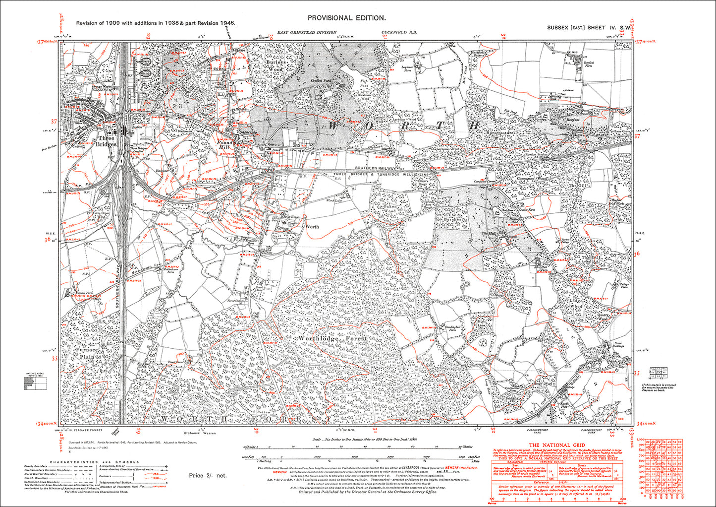 Three Bridges, Pound Hill, Worth, old map Sussex 1938: 4SW