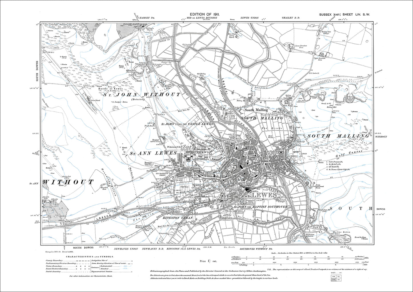 Lewes, South Malling, old map Sussex 1911: 54SW