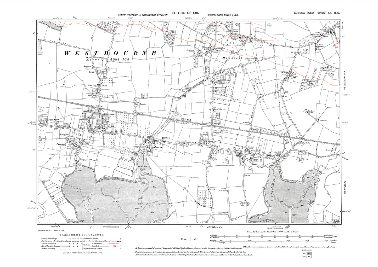 Southbourne, Prinsted, Nutbourne, Hambrook, old map Sussex 1914: 60NE