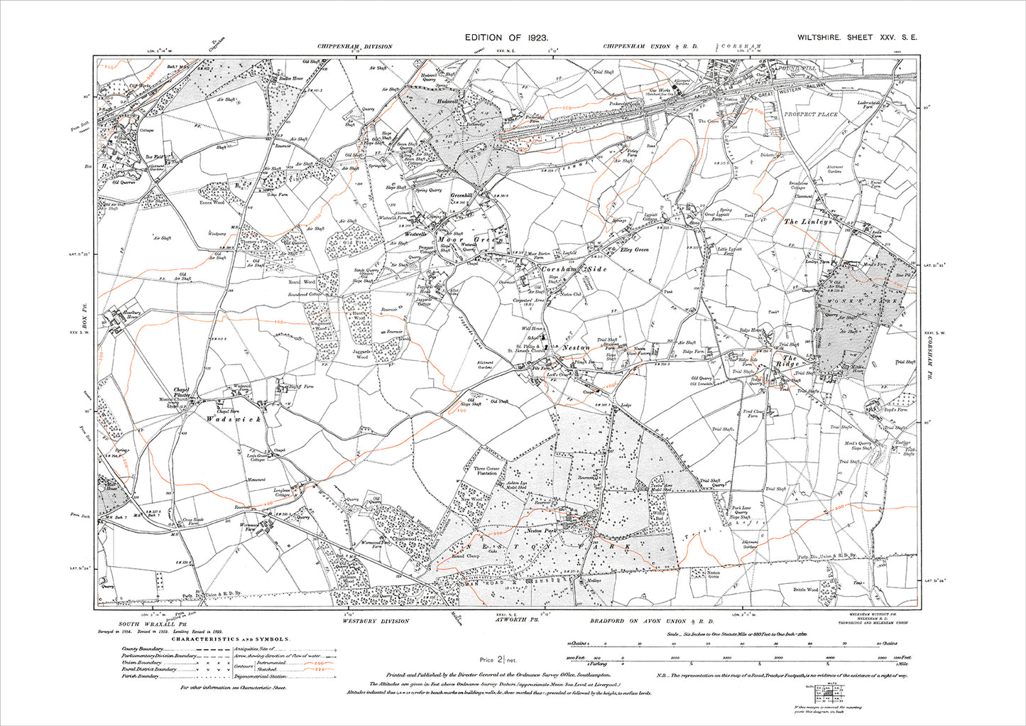 Corsham (south), Moor Grenn, Westwells, Neston, The Ridge, old map Wilts 1923: 25SE