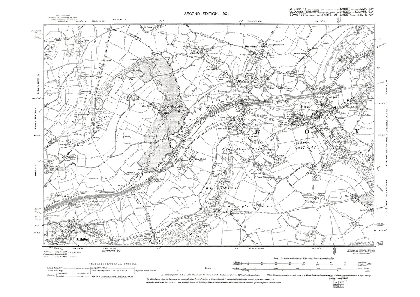 Box, Ashley, Ditteridge, Kingsdown, old map Wiltshire 1901: 25SW