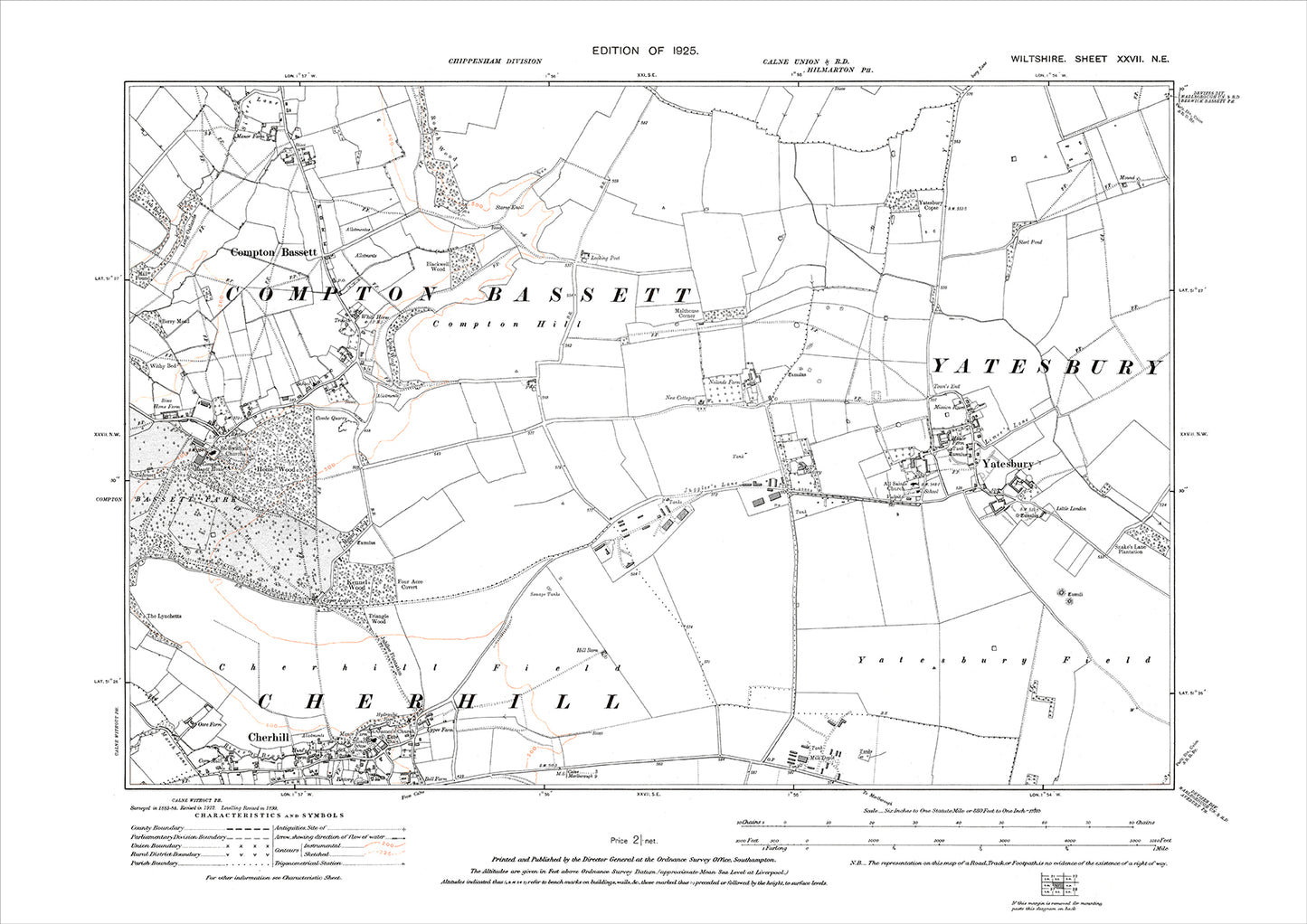Compton Bassett, Yatesbury, Cherhill, old map Wiltshire 1925: 27NE
