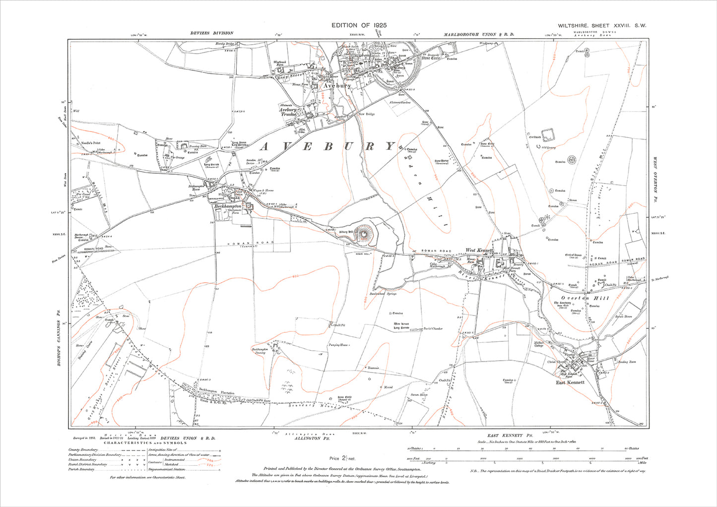 Avebury, Beckhampton, Kennett (West and East), old map Wiltshire 1925: 28SW