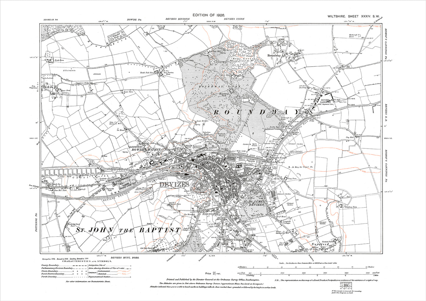 Devises, Roundway, old map Wiltshire 1926: 34SW