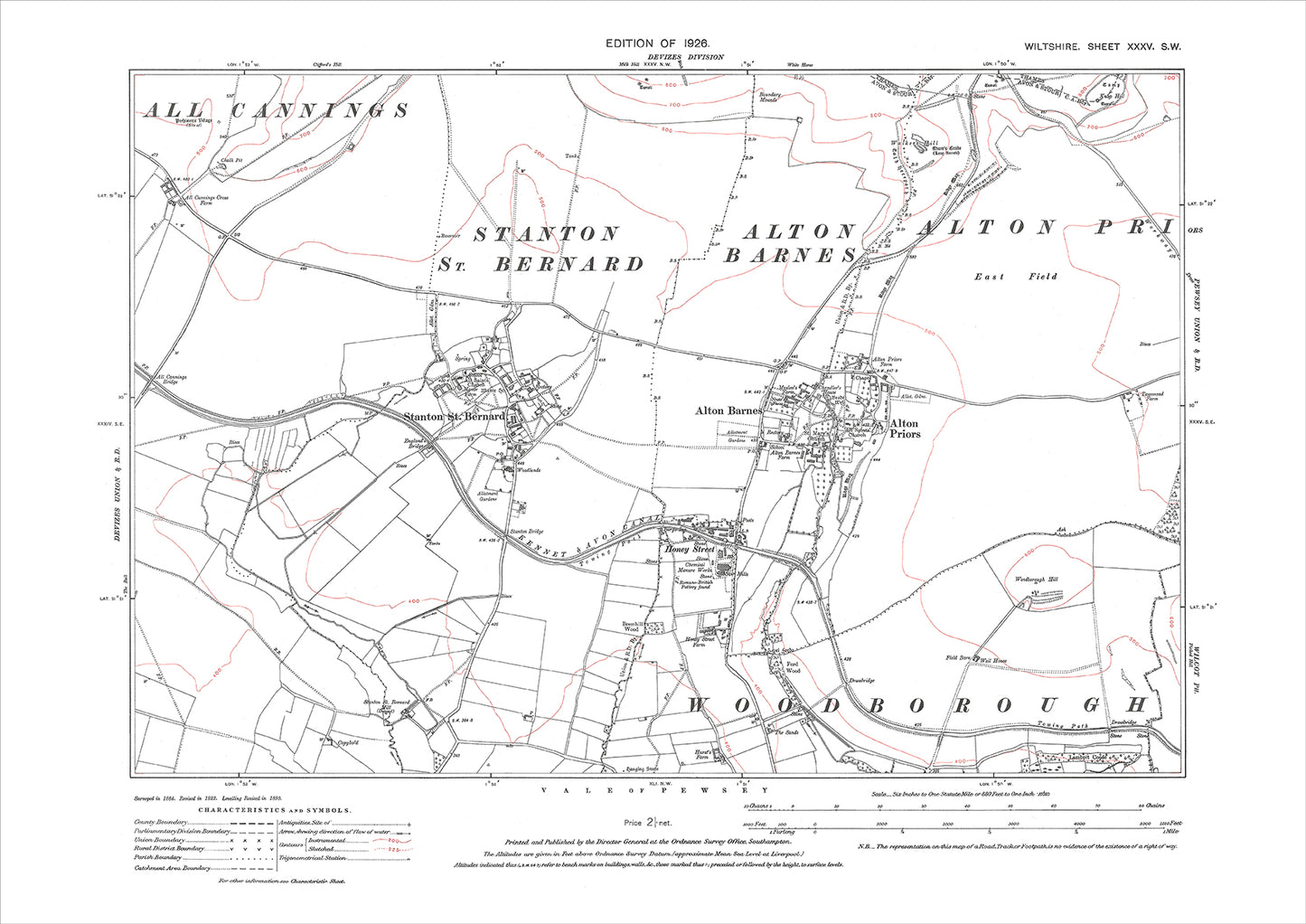 Alton Barnes and Priors, Stanton St Bernard, Honey Steet, old map Wilts 1926: 35SW