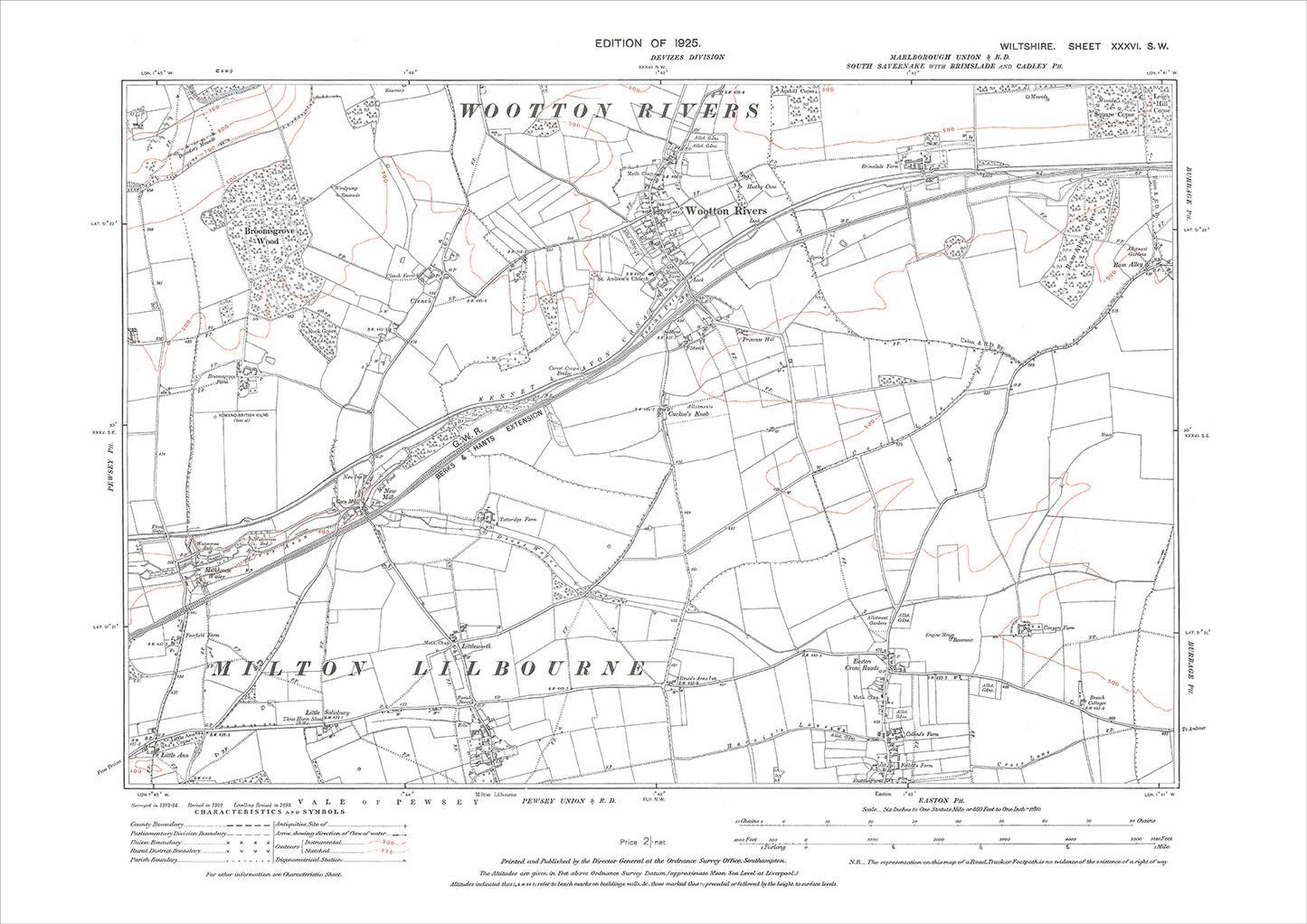 Wootton Rivers, Easton (north), Milton Lilbourne (north), old map Wilts 1925: 36SW