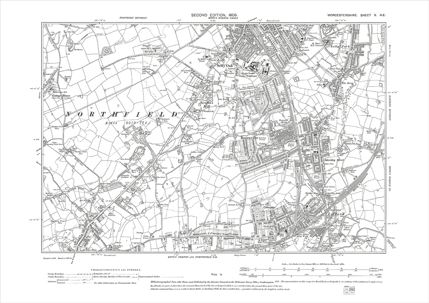 Bourneville, Selly oak, Lifford, old map Worcestershire 1905: 10NE