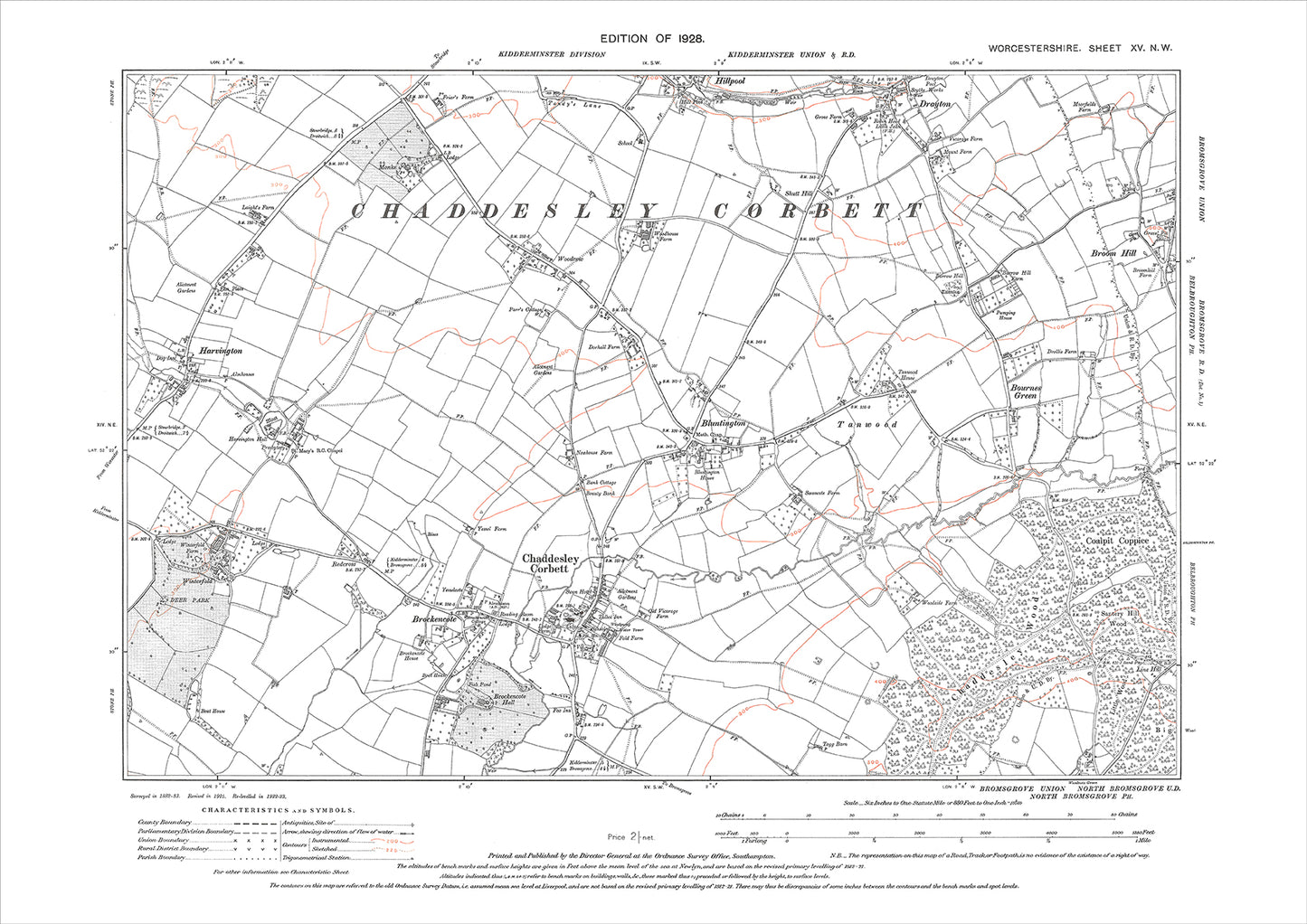 Chaddesley Corbett, Bluntington, Drayton, Harvington, old map Worcestershire 1928: 15NW