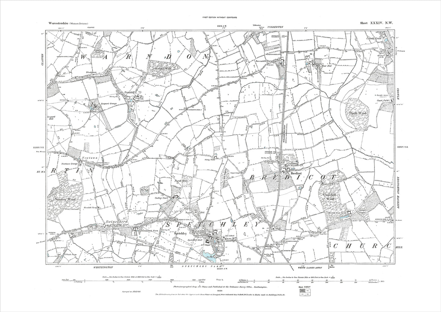 Bredicot, Spetchley, old map Worcestershire 1884: 34NW