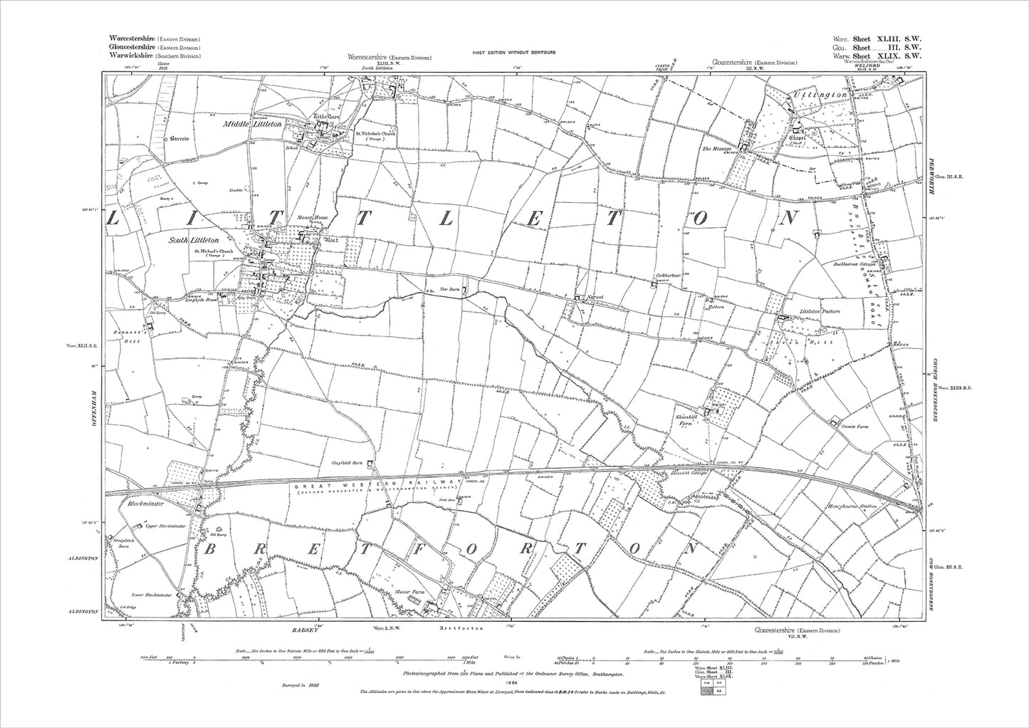 Middle Littleton, South Littleton, old map Worcestershire 1884: 43SW