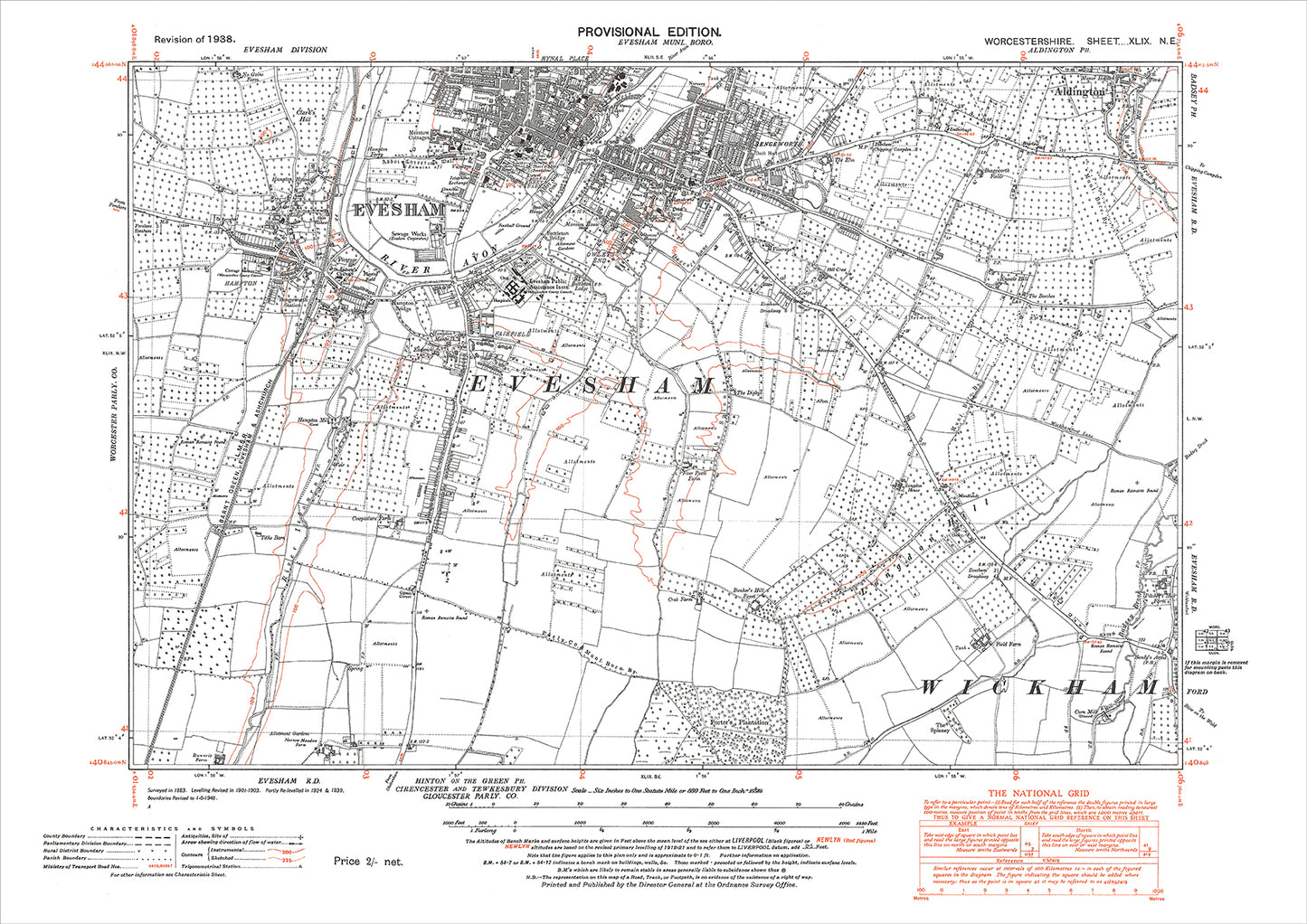 Evesham (south), Aldington (south), old map Worcestershire 1938: 49NE