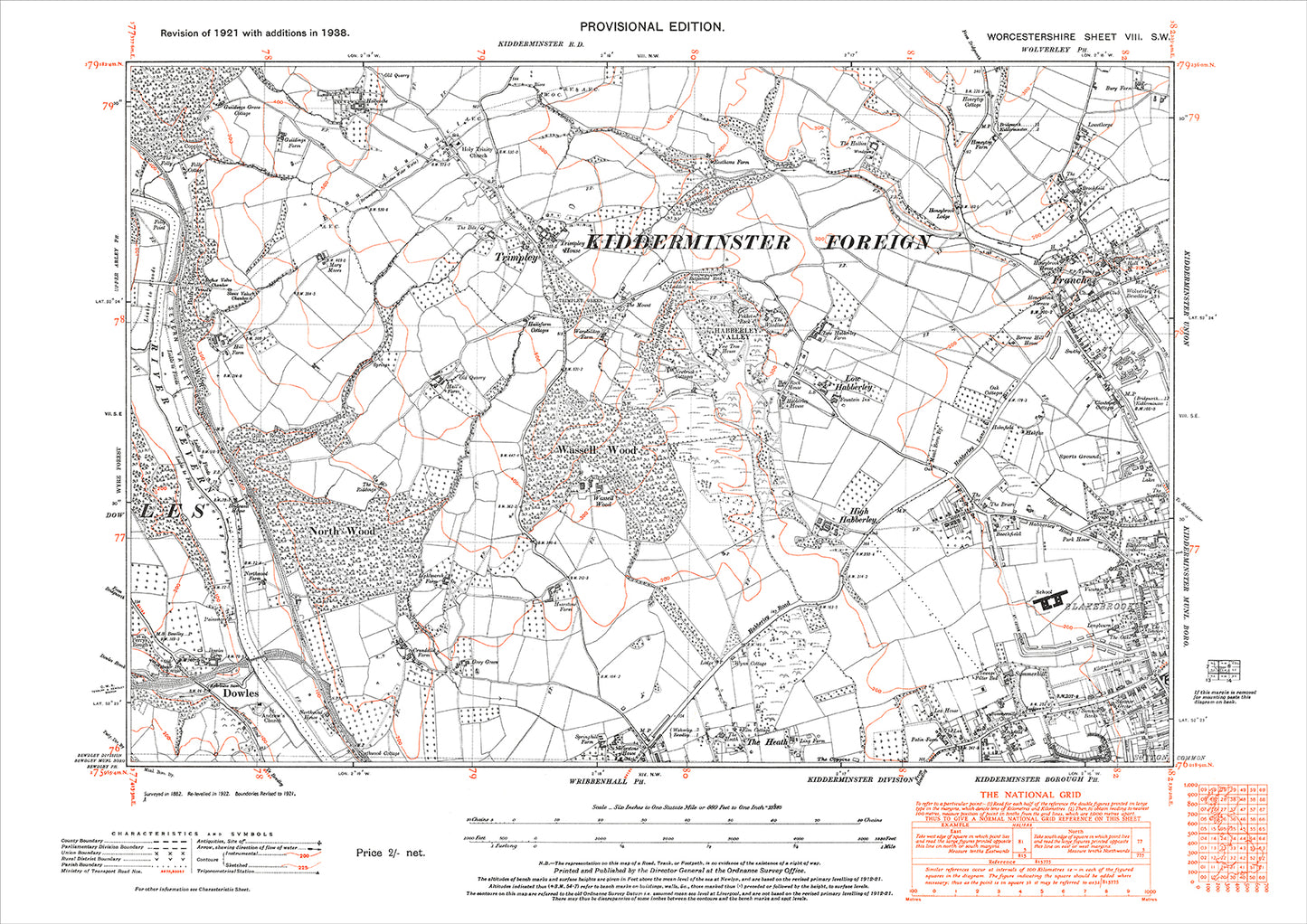 Kidderminster (northwest), Wribbenhall (north), Franche, old map Worcestershire 1938: 8SW