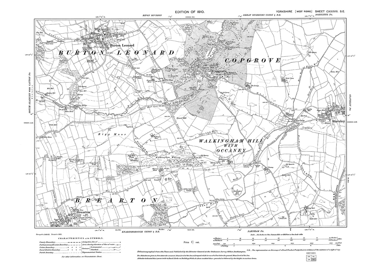 Burton Leonard, Copgrove, Staveley (west), Brearton (north), old map Yorkshire 1910: 137SE