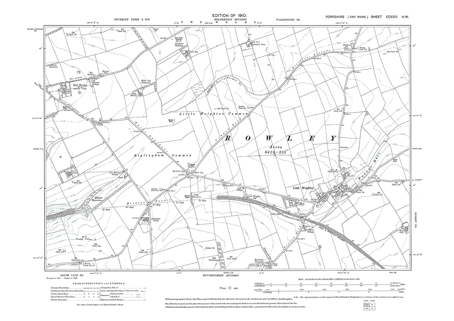 Little Weighton, old map Yorkshire 1910: 225NW