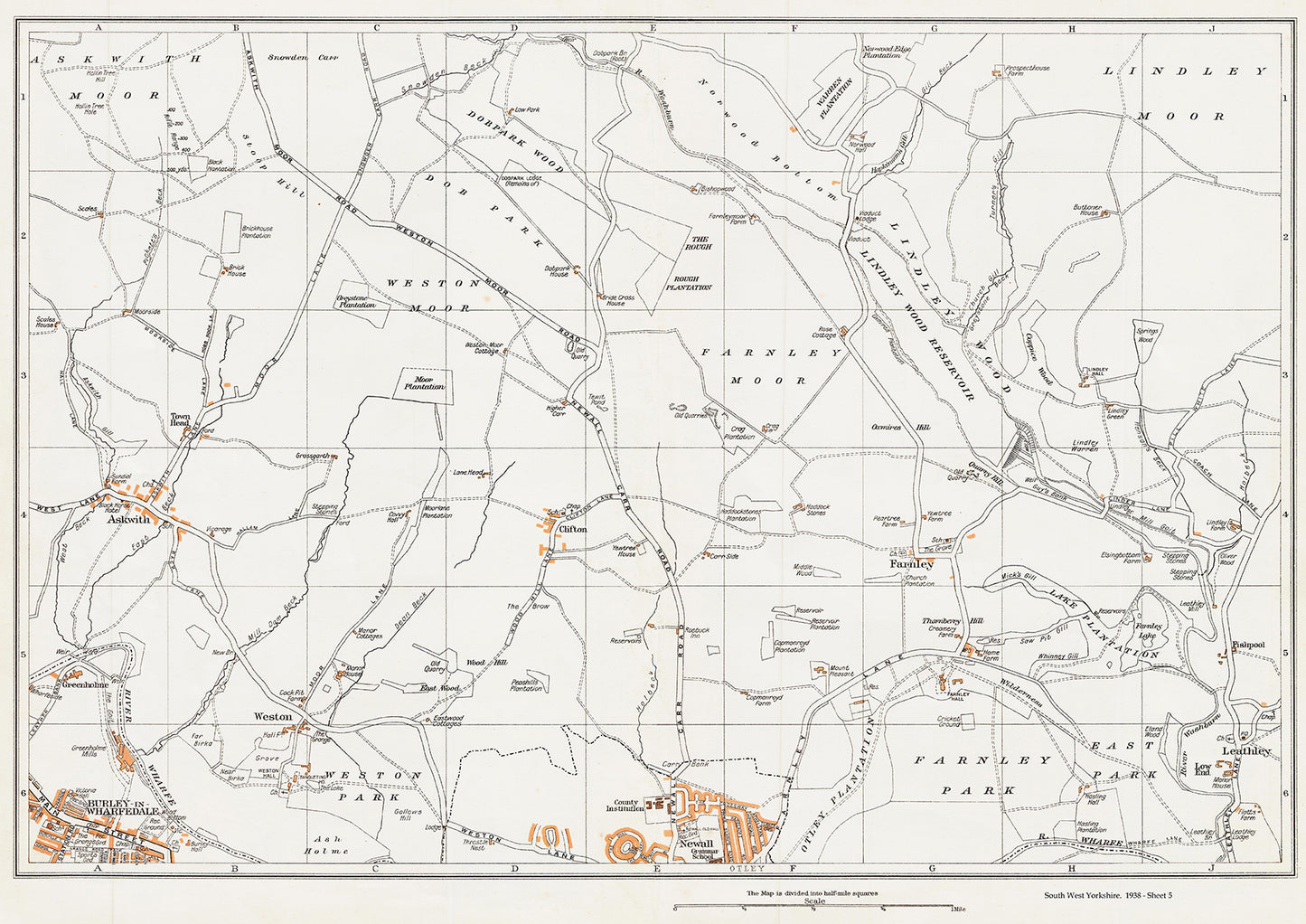 Yorkshire in 1938 Series - Otley (north), Burley-in-Wharfedale (northeast), Askwith, Weston, Clifton, Farnley and Leathley area - YK-05