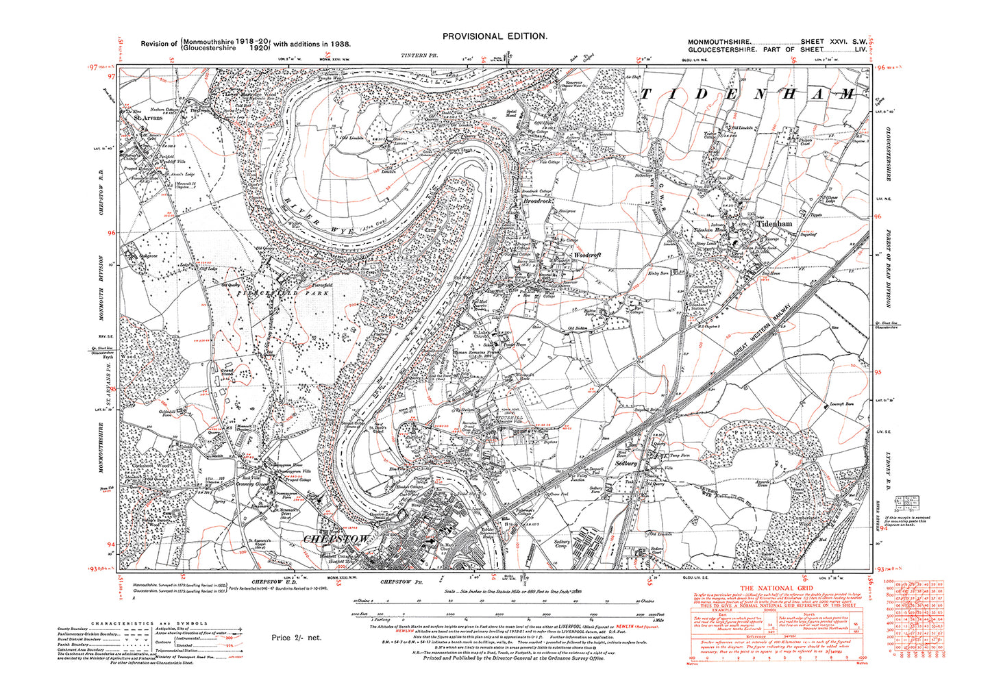 Chepstow (north), old map Monmouth 1938: 26SW