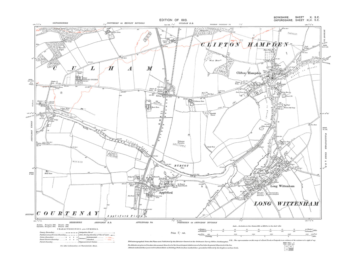 A 1913 map showing Appleford, Long Wittenham in Berkshire - OS 1:10560 scale map, Berks 10SE