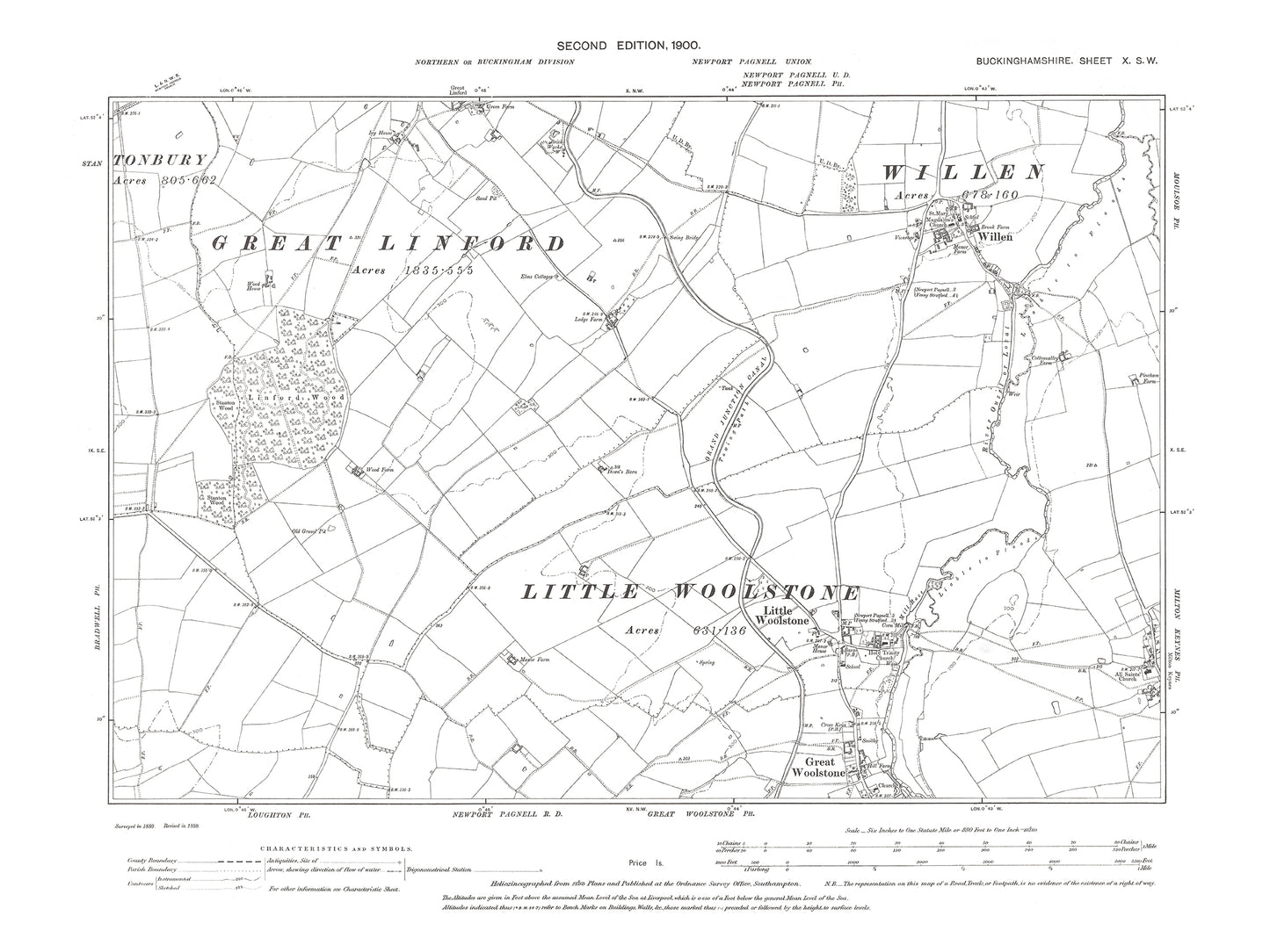 Old OS map dated 1900, showing Great and Little Woolstone, Willen in Buckinghamshire 10SW