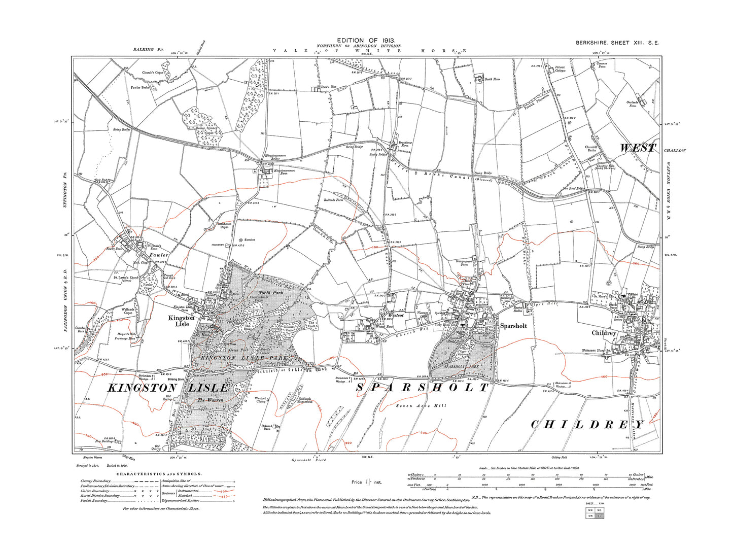 A 1913 map showing Kingston Lisle, Sparsholt, Fawler, Childrey in Berkshire - OS 1:10560 scale map, Berks 13SE