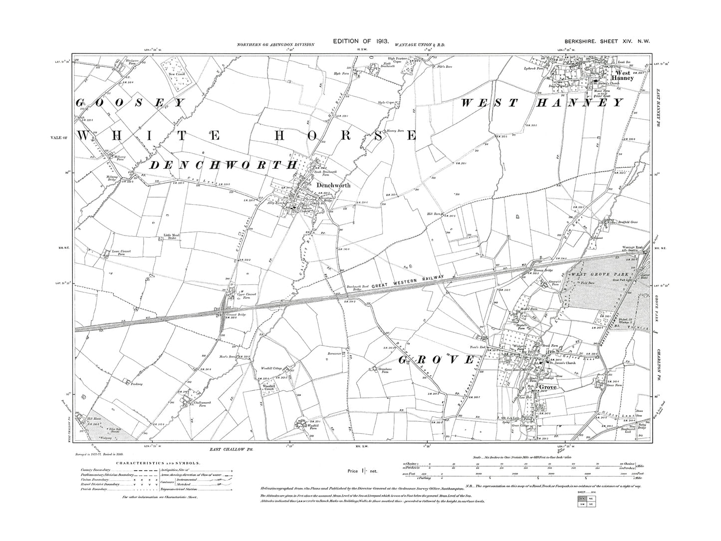 A 1913 map showing West Hanney (south), Denchworth, Grove (north) in Berkshire - OS 1:10560 scale map, Berks 14NW