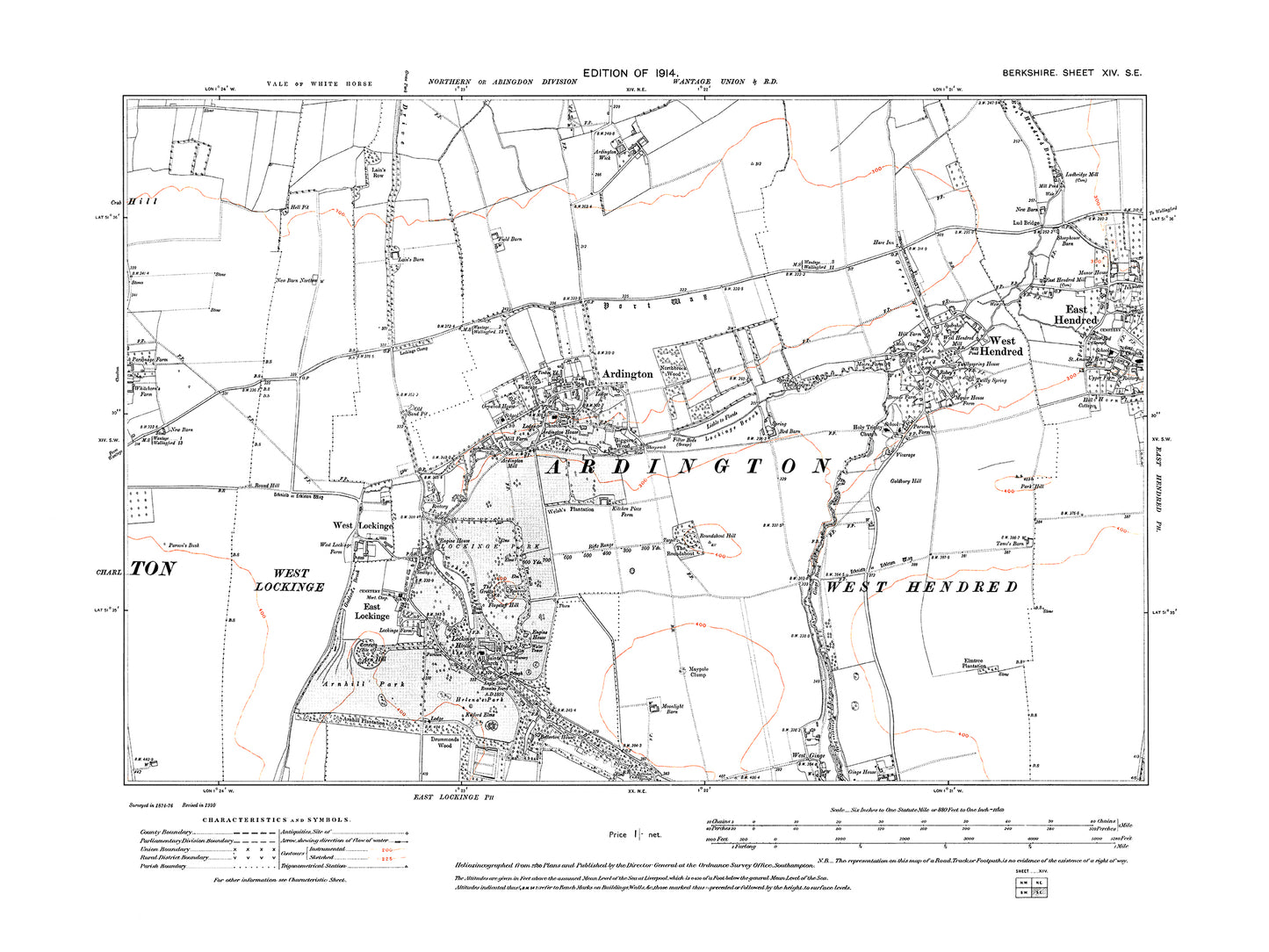 A 1914 map showing Ardington, Lockinge, West Hendred, East Hendred (west) in Berkshire - OS 1:10560 scale map, Berks 14SE